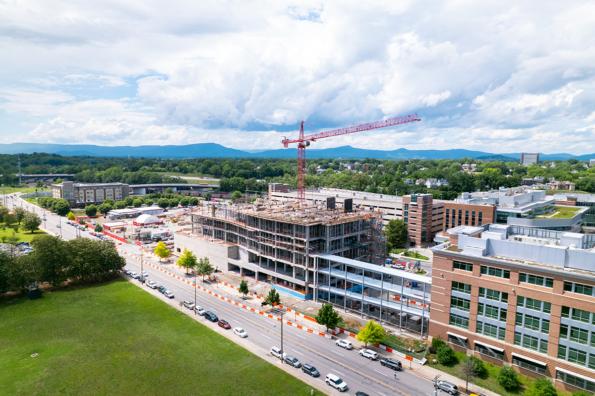 aerial view of Carilion Taubman Cancer Center construction